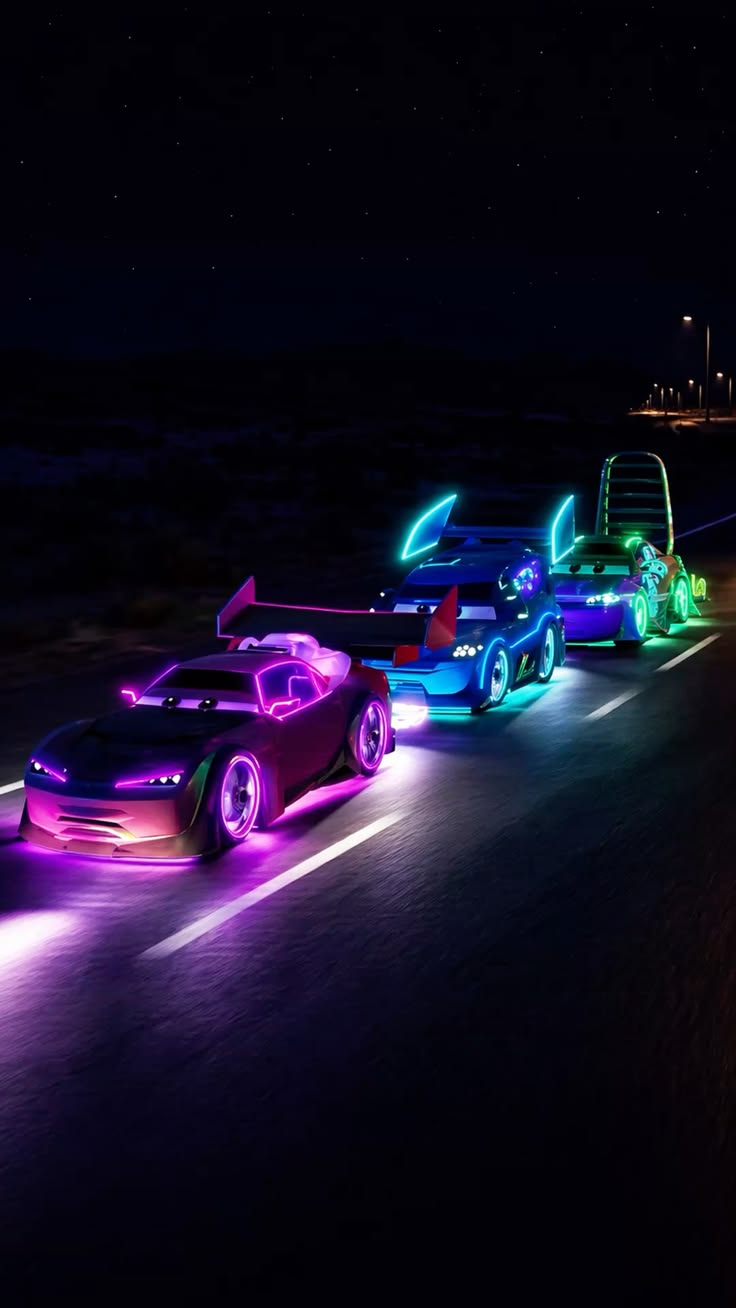 Neon cars driving at night